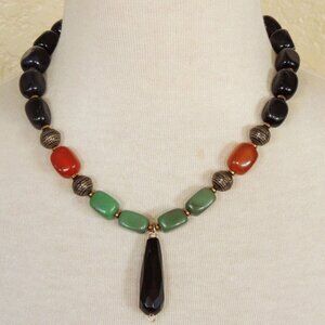 Black Agate, Olive Green Aventurine & Orange Carnelian Pendant Necklace